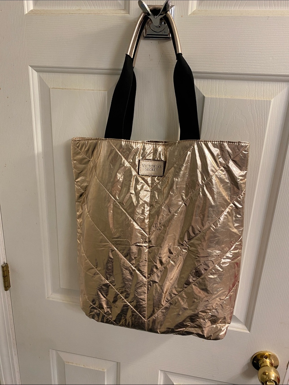 Victoria's Secret Metallic Rose Gold Tote with Black Handles